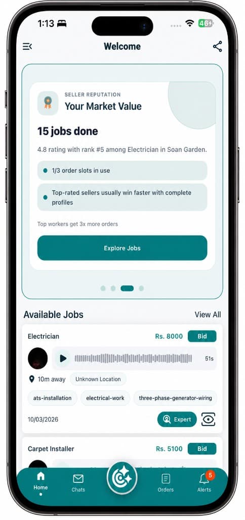 Sahoolat AI in-app experience: reputation, jobs with audio, and bidding